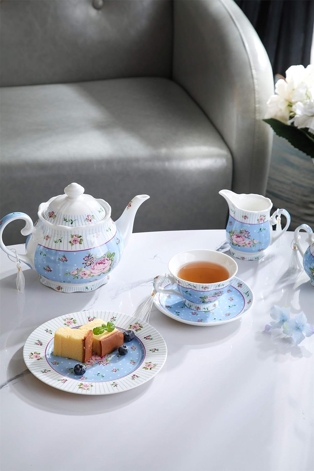 London Boutique Coffee Tea Cups and Saucers Set Afternoon Tea Vintage Flora Rose Gift Box 7.5oz (Rose Blue Set 1)