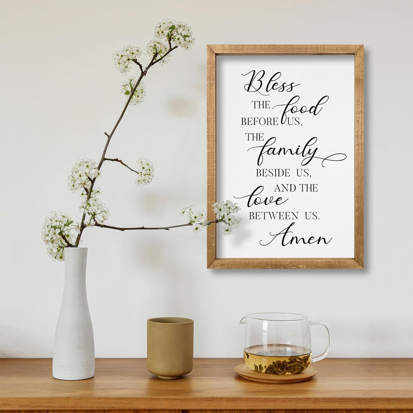 comurdyo Kitchen Wall Decor Bless the Food Before Us Prayer Farmhouse Christian Sign 16"×11" Framed Wood for Small Modern Religious Holy Dining Room Kitchen Plaque Wall Art Hanging (Wood)