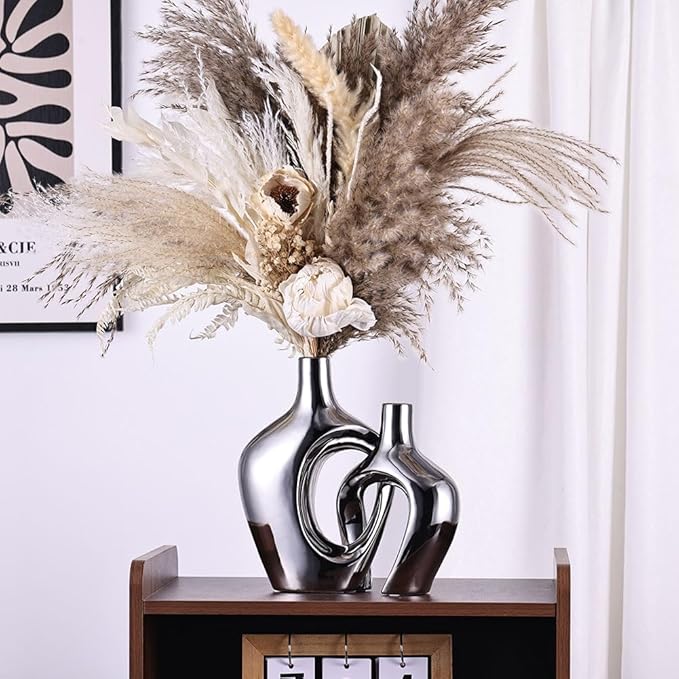 Silver Hollow Ceramic Vases Set of 2 - Modern Nordic Boho ins Style Vases for Decor, Decorative Pampas Grass Flower Vases for Wedding, Living Room, Office, Entrance, Dining Table Decor Centerpieces