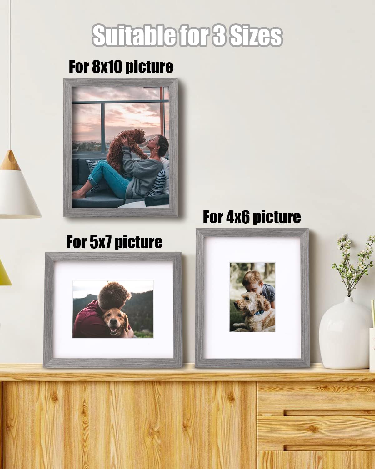 Egofine 8x10 Picture Frames Set of 4, Made of Solid Wood Covered by Plexiglass 4x6 and 5x7 with Mat or 8x10 without Mat, for Table Top Display and Wall Mounting Photo Frame Light Grey
