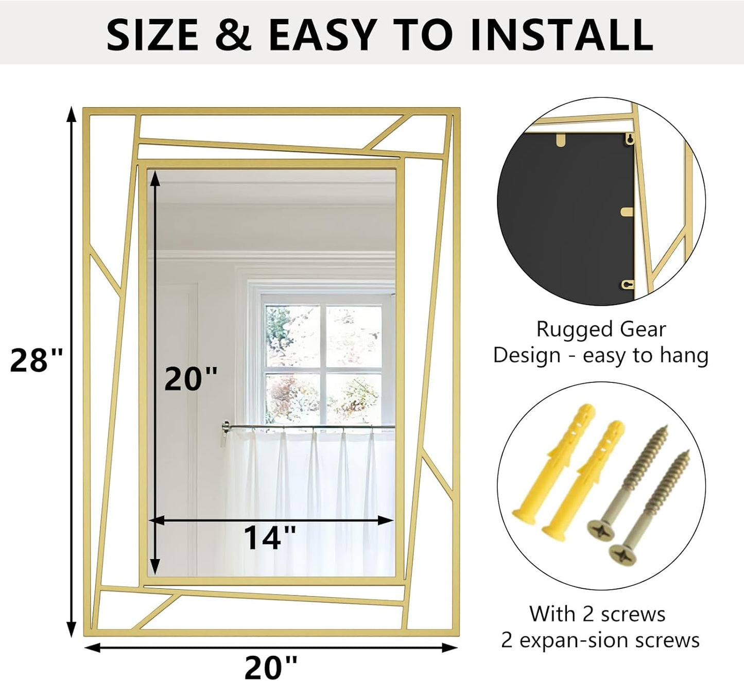 Gold Bathroom Mirror for Over Sink, 28''X20'' Brushed Gold Rectangle Bathroom Vanity Mirror with Geometric Metal Frame, Anti-Rust, Hang Horizontally or Vertically