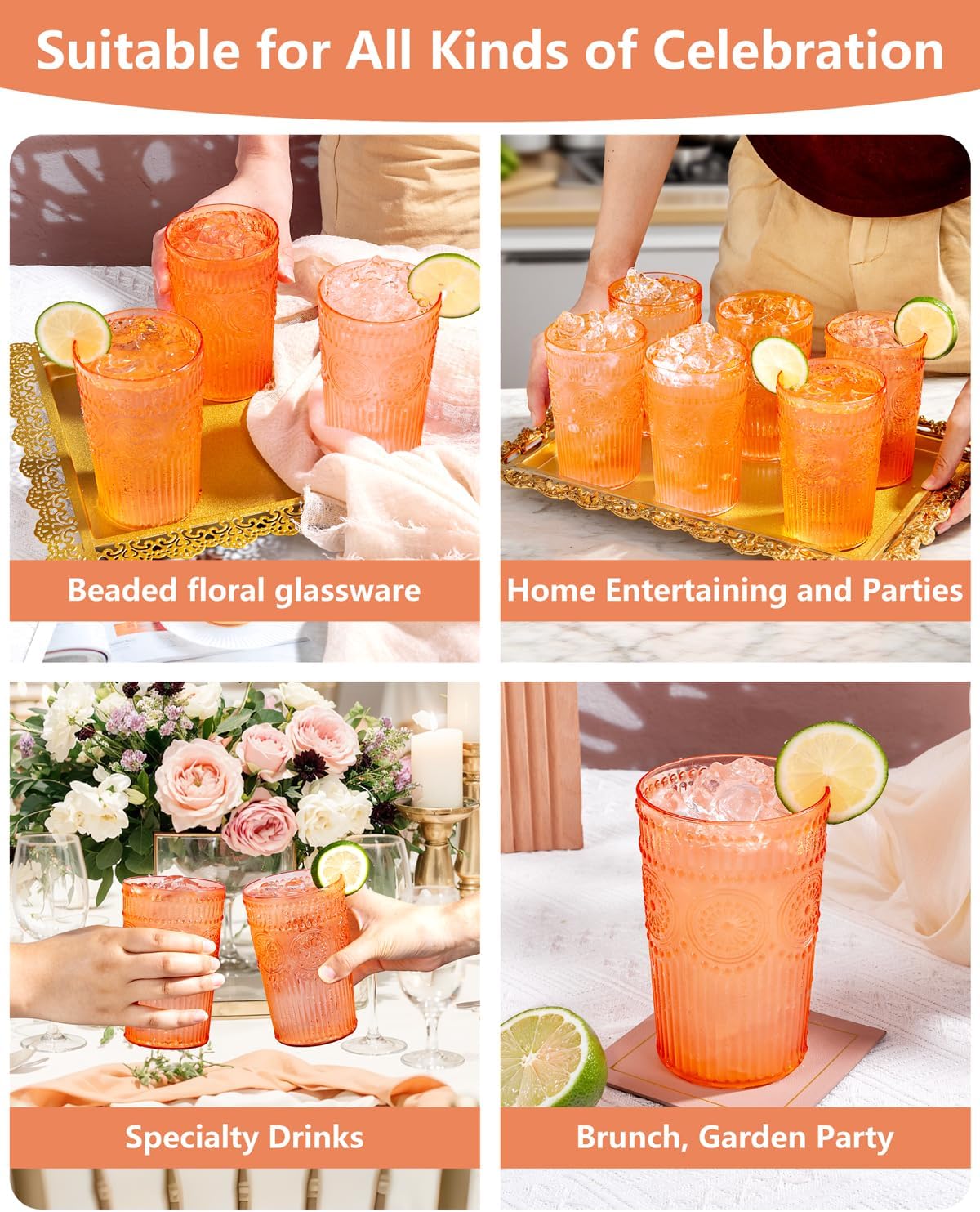 Ciaell 12 Pack Romantic Plastic Water Glasses - 14 Oz Amber Vintage Drinking Glasses, Embossed Ribbed Plastic Cups, Textured Striped Set for Juice, Beverages, Beer, Cocktai & Thanksgiving