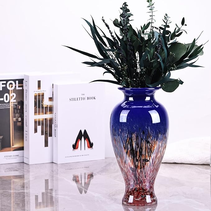 11.8" Tall Blown Blue Glass Vase, Colorful Opaque Glass Vase, Unique Design Wide Mouth Art Decoration for Home, Living Room, Dining Table, Pampas Grass Decor (Blue)