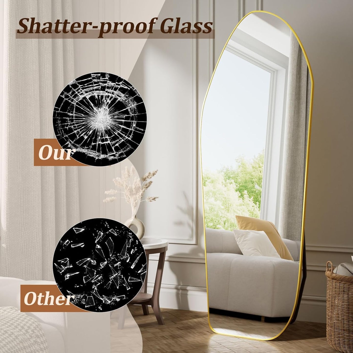 Full Length Floor Mirror - 76"x34" Aluminum Frame Irregular Diamond Shaped Standing Leaning Hanging for Bedroom Living Room Cloakroom Decor Large Mirror Gold