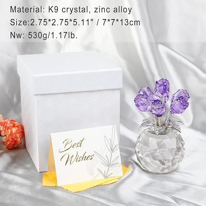 Crystal Rose Figurines Gifts for Women Valentine's Day, Glass Floral Ornament for Mother's Day Birthday Christmas Amethyst Collectible Rose Flowers Anniversary Floral Presents for Her (Purple)