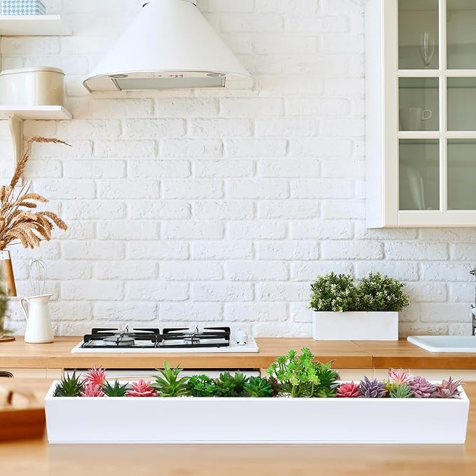 32 x 3.5 x 3.5 Inch Long Rectangular Planter Box Window Sill Plant Box Metal Water Trough Indoor Large Modern Steel with Drainage Holes Herb Garden Home(White)