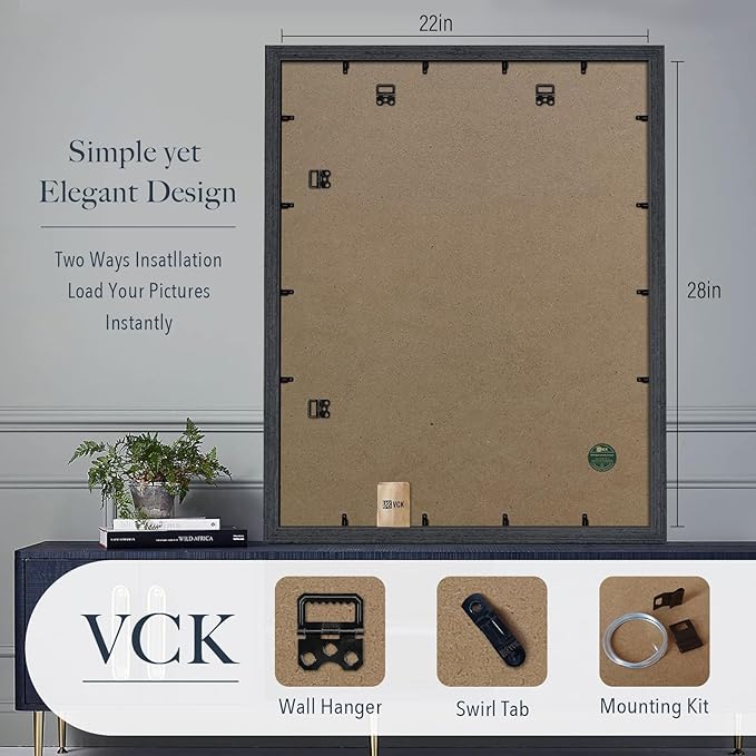 VCK 22x28 Poster Frame Black Oak - 3 Pack, Exclusive Natural Textured Solid Wood Picture Frame, Horizontal and Vertical Formats for Wall with Included Hanging Hardware
