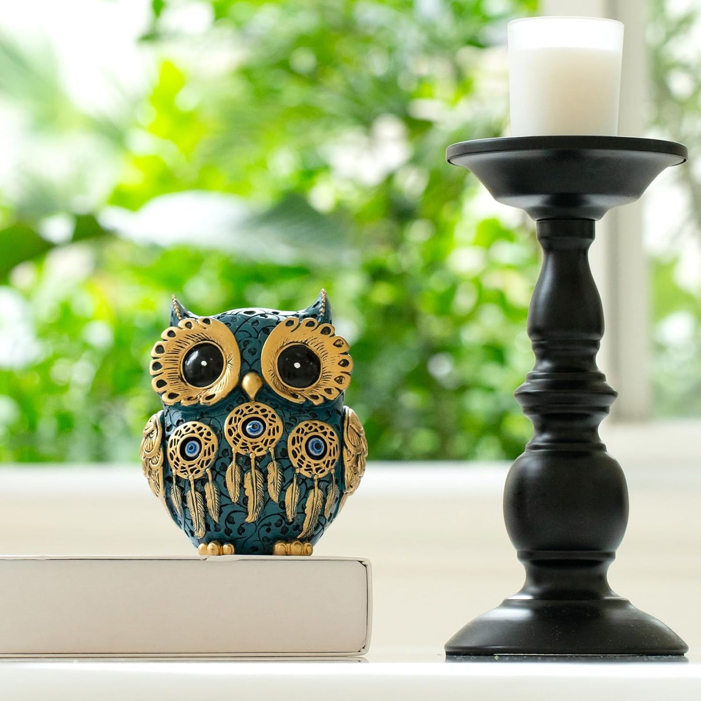 Decorative Owl Figurine, Vintage Blue and Gold Owl Statue Home Decor - Evil Eye Accent for Bookshelf, Bedroom, Living Room, Office & Table. Cute Small Animal Sculpture Gift for Birds Lovers.(Blue)