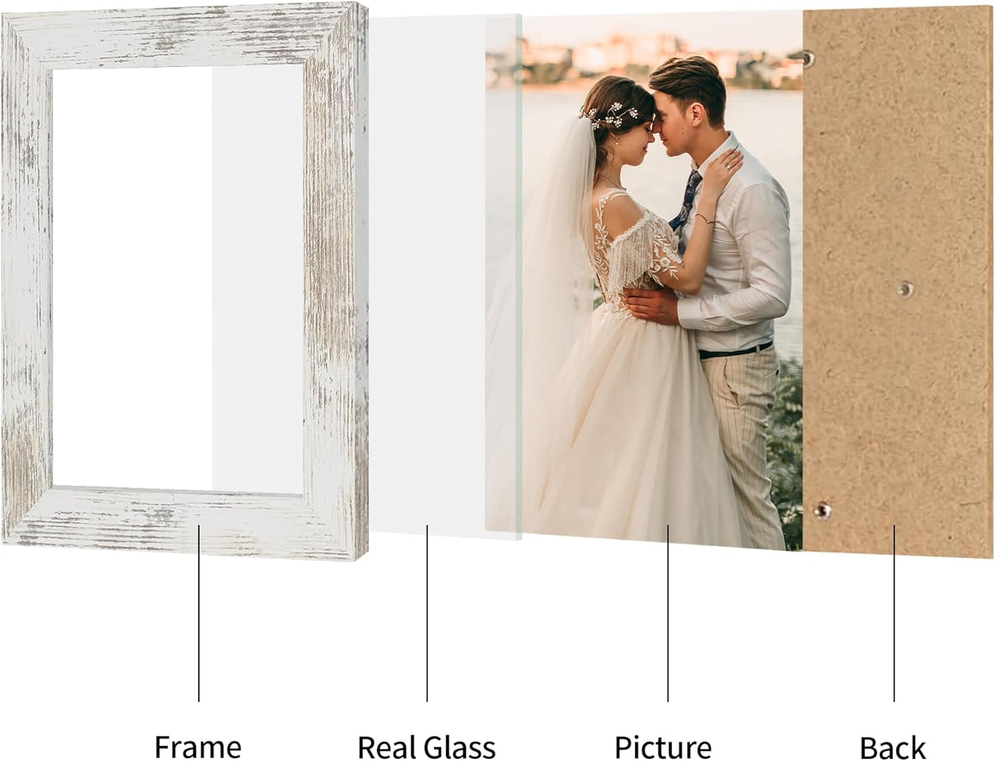 iRahmen 6x9 Picture Frame Set of 2, Distressed White Frame with HD Glass, Wood Rustic Photo Frames for Horizontal or Vertical Tabletop and Wall Mounting