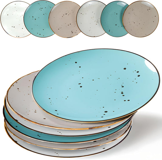 Dinner Plates 11 Inch Set of 6 - Microwave, Oven, Dishwasher Safe, Scratch-Resistant, Porcelain Dishes for Steak, Pizza, Home & Restaurant, Party, Giftable - Natural Assorted Colors