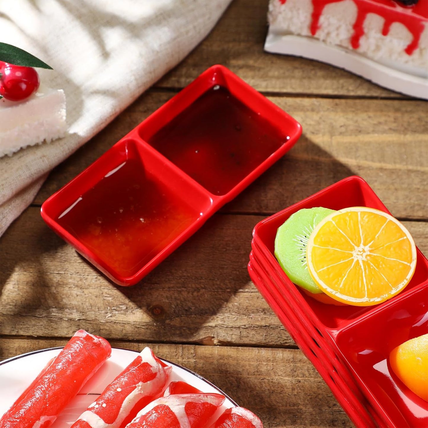 Gejoy 12 Pcs Dual Dipping Sauce Bowls Soy Sauce Dish Bowls Two Compartments Party Trays Divided Fondue Plates for Restaurant Kitchen Sushi Soy (Red)