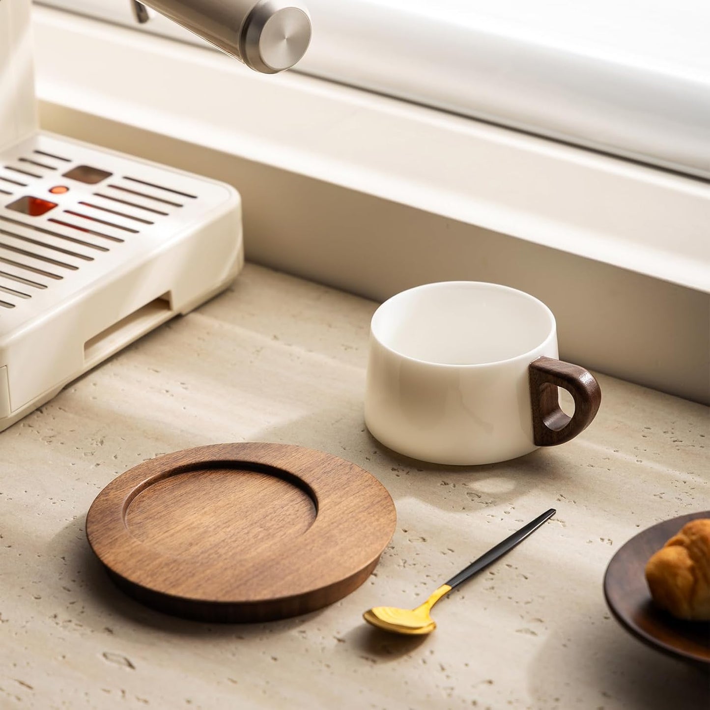 GLLead White Tea Cup and Saucer Set Ceramic Espresso Coffee Cup with Wooden Plate Stainless Spoon 6oz Set of 1 (GL-CS01)