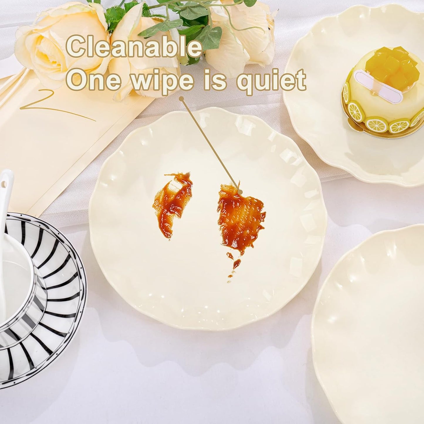 LIYH 20 Pcs Beige Plastic Plates Reusable 7.5 Inch - Unbreakable Plastic Dessert Plates - Scalloped Cake Plate for Weddings Camping Party Outdoor Picnics Dishwasher Safe BPA Free