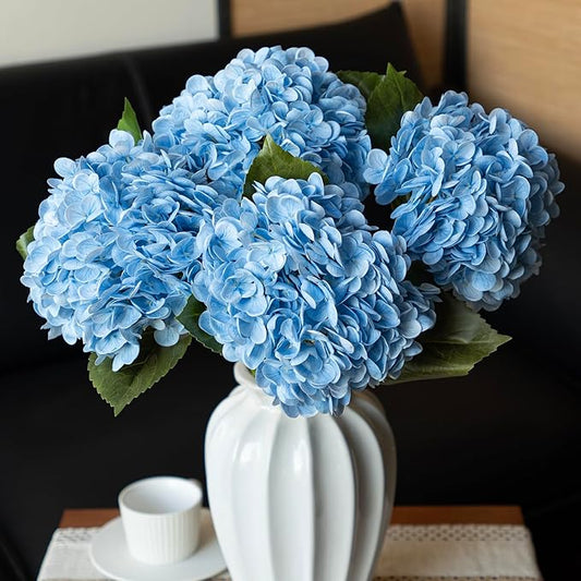4PCS Artificial Flowers Large Hydrangeas Flowers Latex Bouquet for Wedding Bridal Office Home Party Decoration (4Pcs Blue)