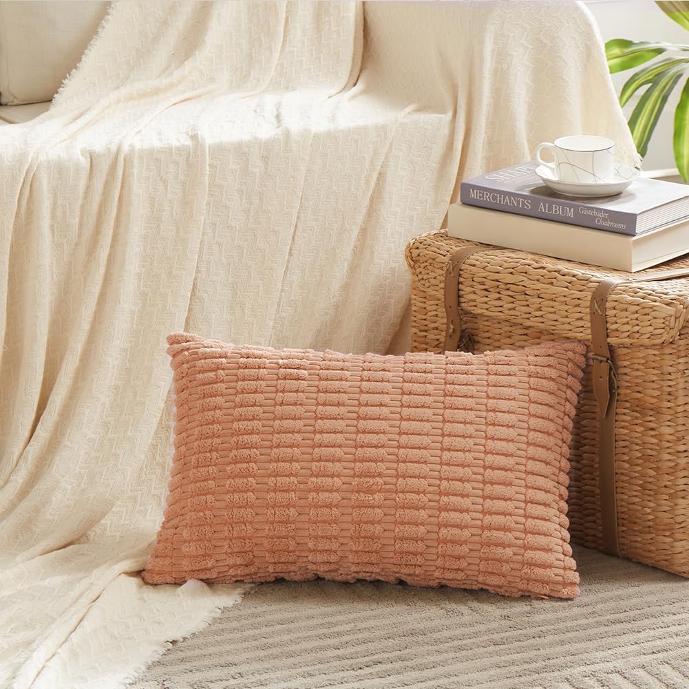 Fancy Homi 4 Packs Peach Decorative Throw Pillow Covers 12x20 Inch for Living Room Couch Bed, Rustic Modern Farmhouse Boho Home Decor, Soft Plush Corduroy Cute Square Accent Cushion Case 30x50 cm