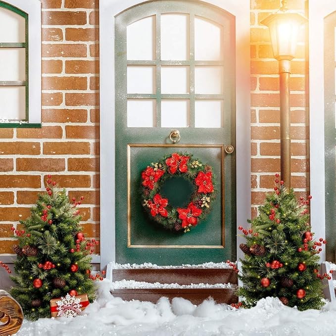 20'' Mini Artificial Christmas Tree with LED Lights Faux Pine Cones and Berrys Pre-lit Christmas Trees Christmas Urn Filler Small Xmas Trees for Outdoor Pathway Porch Yard - Set of 2