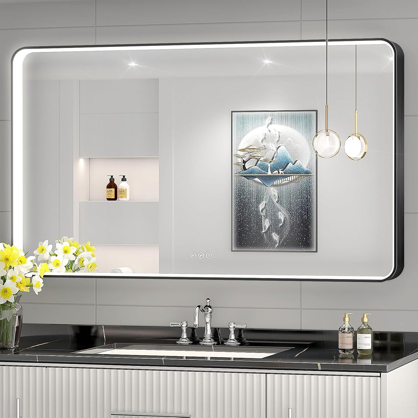 LED Mirror for Bathroom 48X28 Inch Black Framed with Anti-Fog, Stepless Dimmable, Front Lit, LED Bathroom Vanity Mirror for Wall, Memory Function, Shatter-Proof
