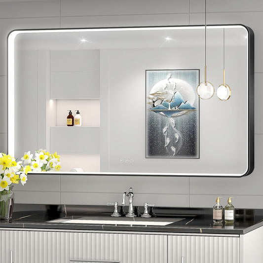 LED Mirror for Bathroom 48X28 Inch Black Framed with Anti-Fog, Stepless Dimmable, Front Lit, LED Bathroom Vanity Mirror for Wall, Memory Function, Shatter-Proof