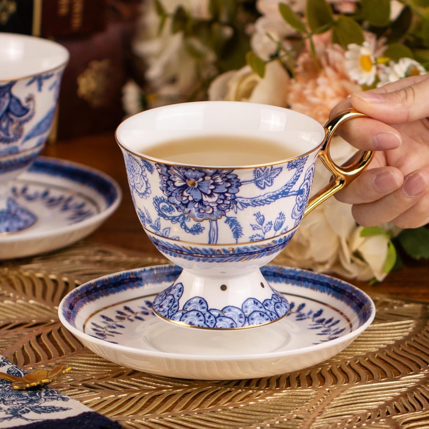 KAMMAK Tea Cups and Saucers Set of 2, Fine Bone China Coffee Cups, 8.5-Ounce Stackable Espresso Mugs, Ceramic Demitasse for Coffee, Cappuccino, Latte, Americano, Tea, Tall Navy