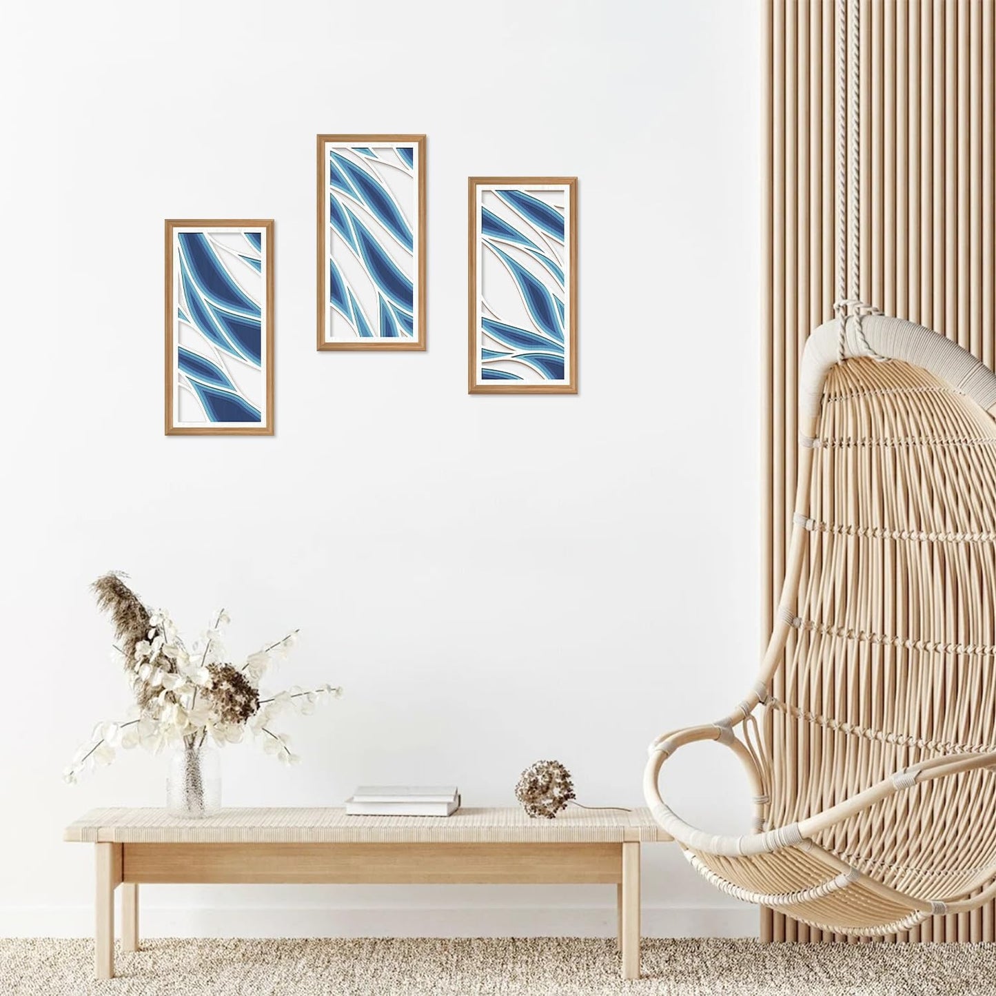 IARTTOP 3 Pcs Bohemian Abstract Wood Wall Decor Blue Mid Century Artwork Minimalist Modern Hanging Decor Boho Blue Waves Wall Art for Office Living Room Bedroom 7.9 x15.8 Inch
