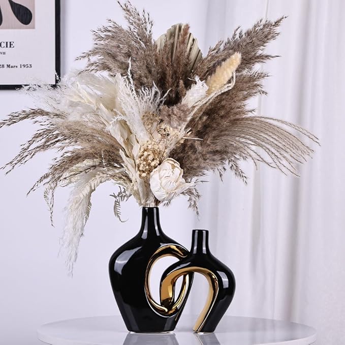 Black and Gold Hollow Ceramic Vase Set of 2, Modern Nordic Boho ins Style Aesthetic Decorative Flower Vase for Home Decor, Wedding, Living, Bedroom, Dining Table, Shelf, Mantle, Office Decor