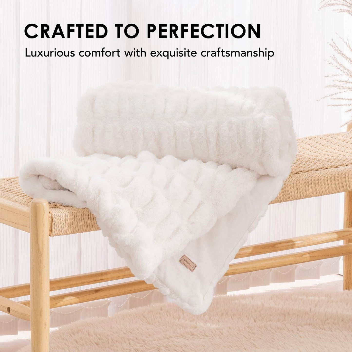 EVERGRACE Luxurious Soft Faux Rabbit Fur Throw Blanket, Cozy Fuzzy Plush Warm Throws for Couch Bed Sofa Chair Home Decor, Ruched Bubble Fluffy Blanket with Reversible Velvet, 60" x 80", Ivory White