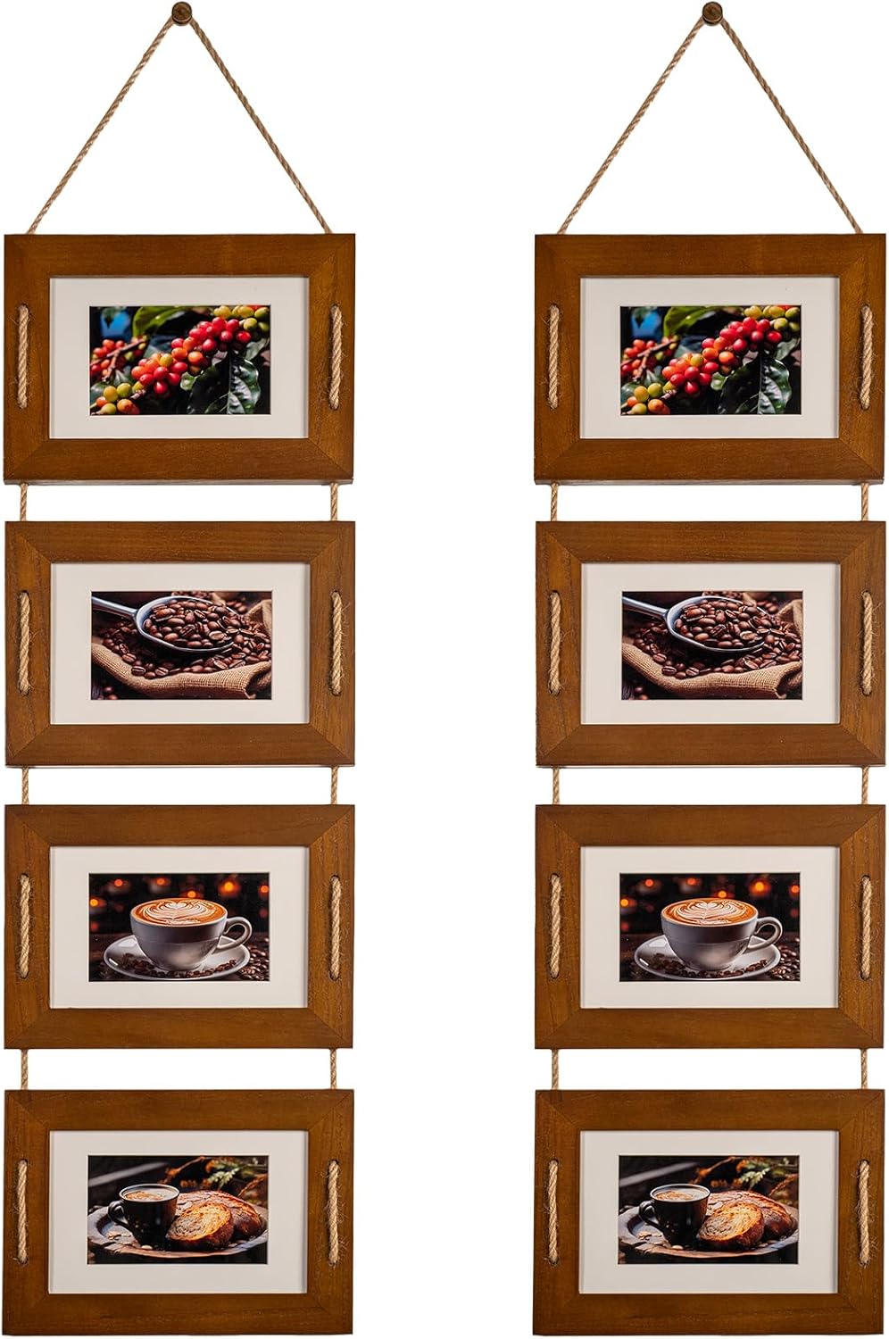 DLQuarts 5x7 Hanging Collage Picture Frames Wall Decor, 4-Opening 5x7 Matted to 3.5x5 Photo Rustic Wood Frame with Hemp Rope, 2 Pack, Dark Walnut