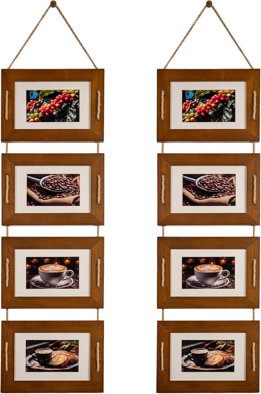 DLQuarts 5x7 Hanging Collage Picture Frames Wall Decor, 4-Opening 5x7 Matted to 3.5x5 Photo Rustic Wood Frame with Hemp Rope, 2 Pack, Dark Walnut