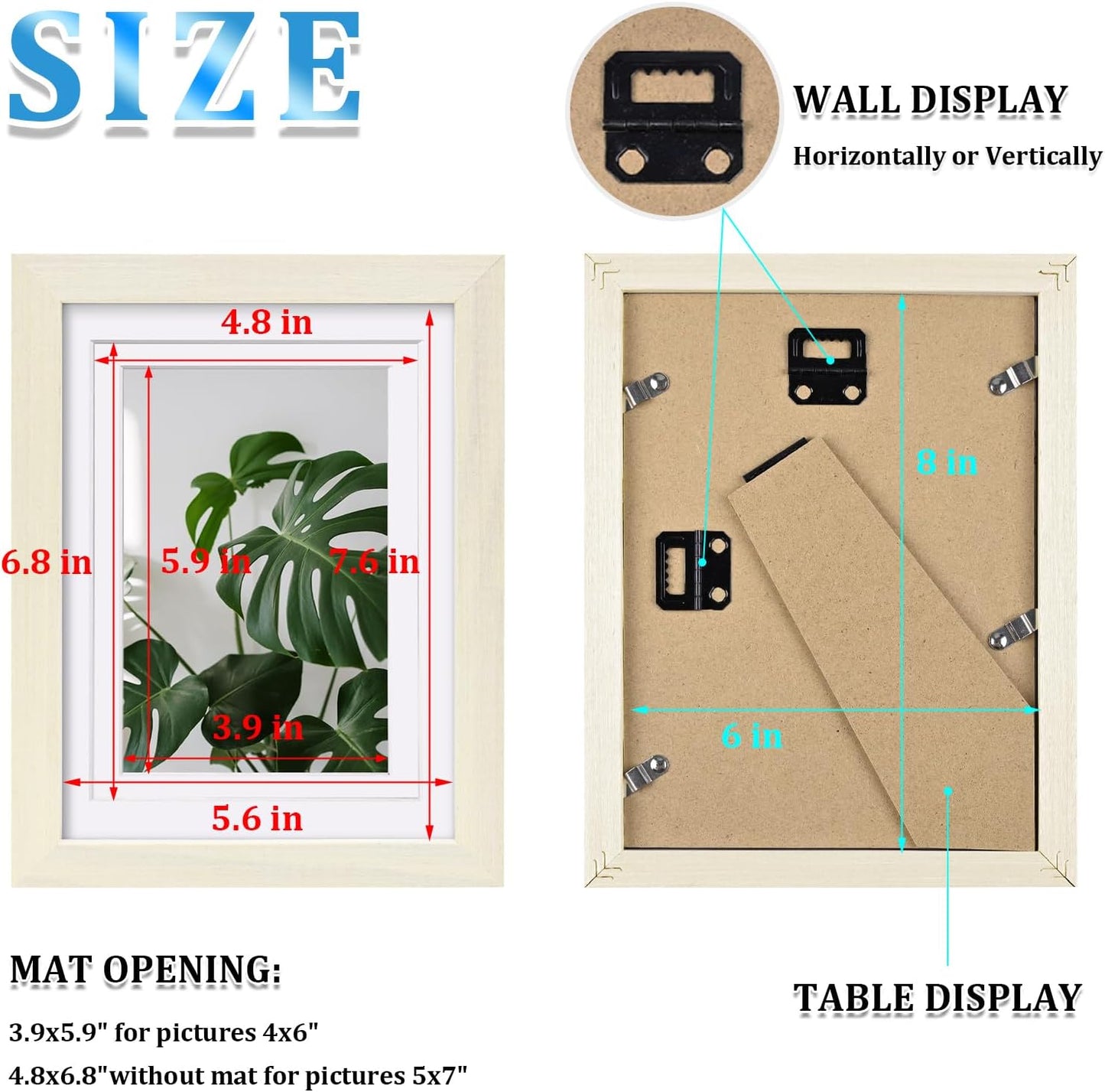 Egofine 6x8 Picture Frames Set of 4, Made of Solid Wood Covered by Plexiglass 4x6 and 5x7 with Mat or 6x8 without Mat, for Table Top Display and Wall Mounting Photo Frame Beige