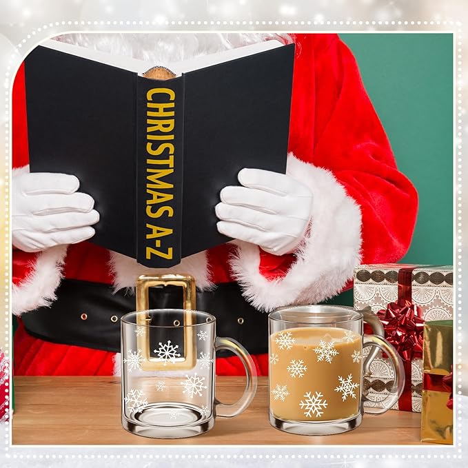 Tioncy 2pcs Christmas Snowflake Glass Coffee Mugs with Handle 12oz Christmas Snowflake Glass Cup Winter Holiday Mugs for Xmas Home Office Gifts