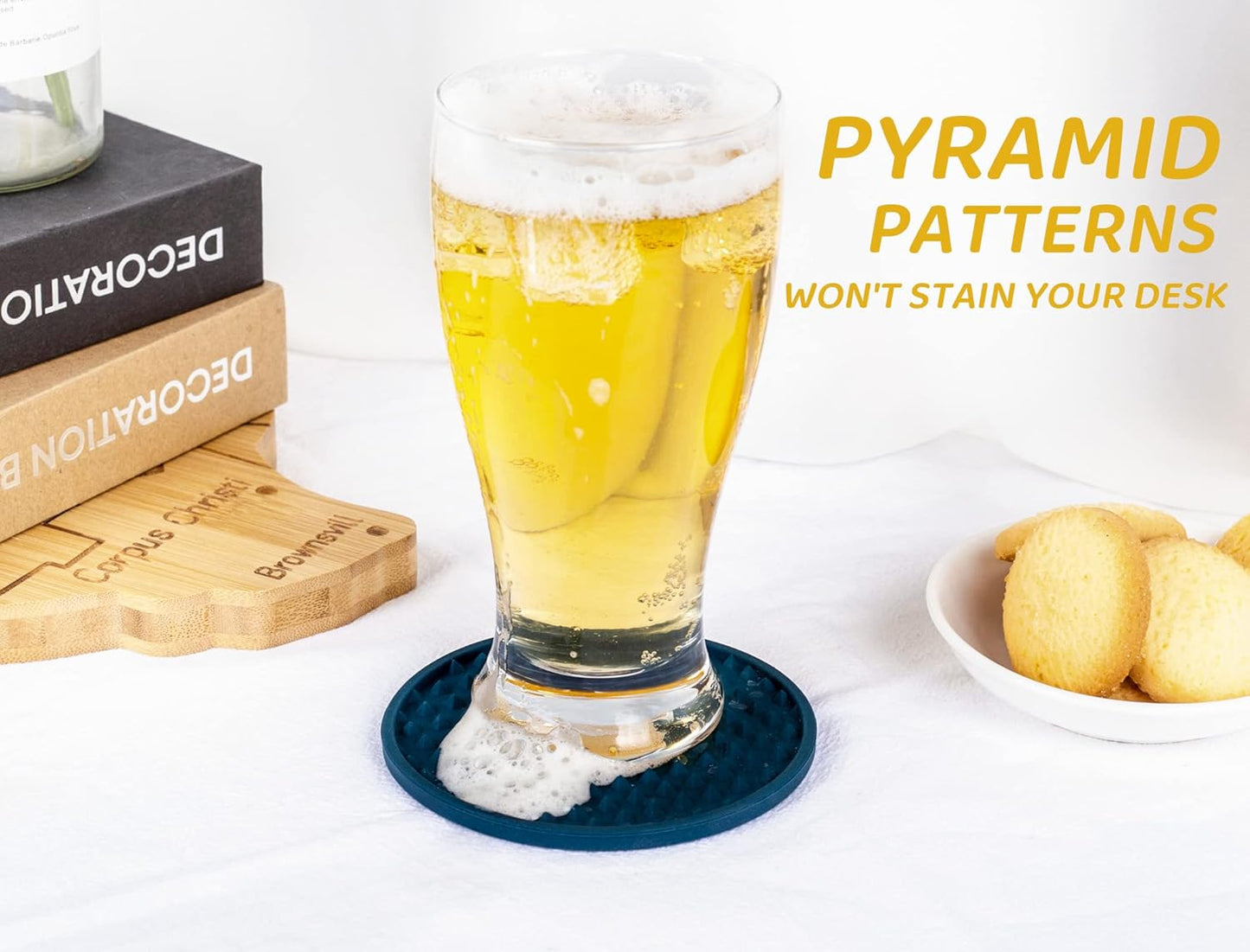 Coasters for Drinks 6 Pack Drink Coasters with Holder,Heat Resistant Silicone Cup Mat Tabletop Protection,Non-Slip Rubber Coaster for Kinds of Cups (Blue)