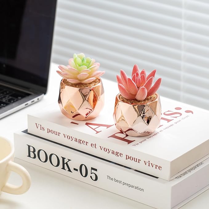 Tiita 4 Pack Artificial Faux Succulents in Pots, Mini Rose Gold Fake Plants for Women Desk, Small Realistic Faux Succulents for Home Office Accessories Window Sill Bathroom Bedroom, Rose Gold