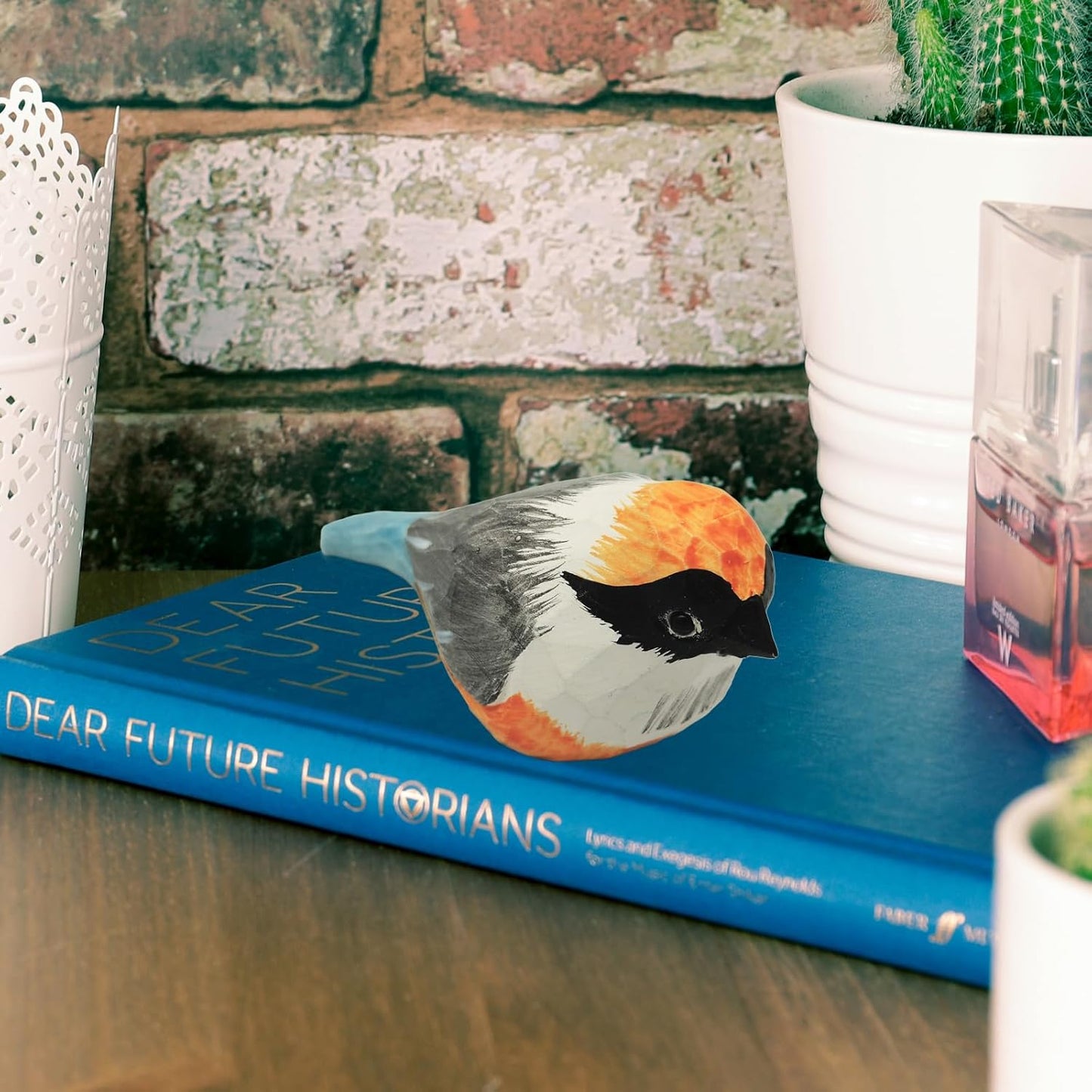 DIYOMR Hand Carved Wooden Bird Sculpture, Art Animal Wood Block, Vivid Bird Statue for Gift, Home Table Ornament Decor (Red-headed Tit)