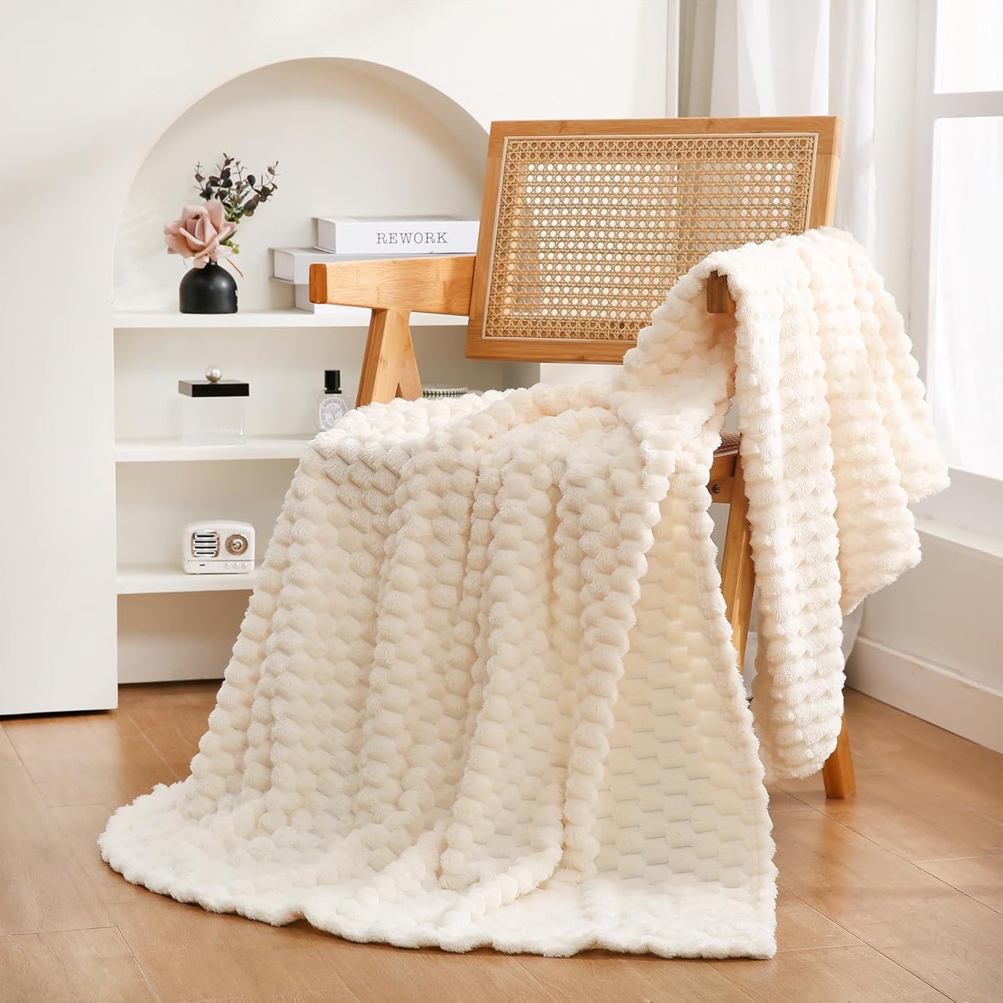 Cream White Throw Blanket 50"×60" inches Fuzzy 3D Jacquard Decorative Flannel Fleece Super Soft Plush Cozy Blanket for Couch Sofa Chair Lightweight