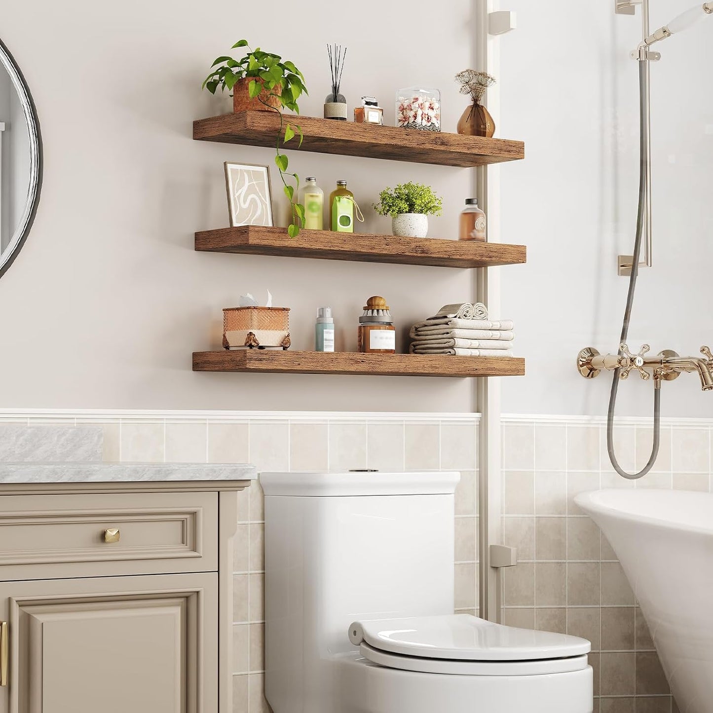 Floating Shelves for Wall, 1.5" Thick Wall Shelf Set of 3 with Invisible Brackets, L31.5 x W7.9 Hanging Shelves Farmhouse Home Decor for Bathroom, Living Room, Bedroom, Rustic Brown 8301BJP3BF