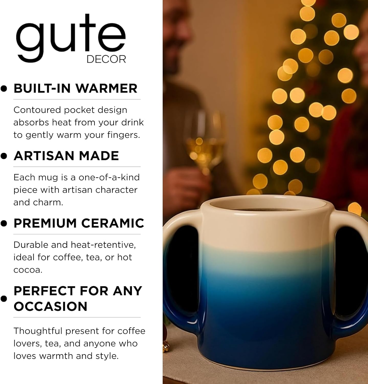 Double Hand Warmer Mug, Handmade Pottery - Handwarmer Contoured Pockets for Both Hands will Hold Warmth From The Heat Of Your Drink To Keep Your Fingers Warm, Comfy Blue - Perfect Winter Gift!