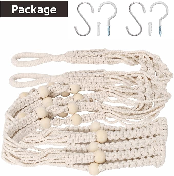 Macrame Plant Hanger 35", Set of 2 No Tassel Hanging Plant Holder, Sturdy Flower Pot Holder with 4 Hooks - Ivory