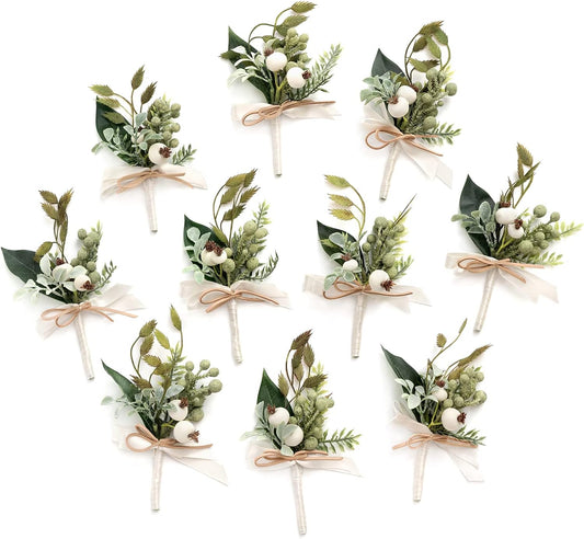 Ling's Moment Boutonniere for Men, 10pcs Groomsmen Guest Boutonniere, Artificial Flowers for Wedding Décor/Prom/Homecoming,etc.White Greenery Berry