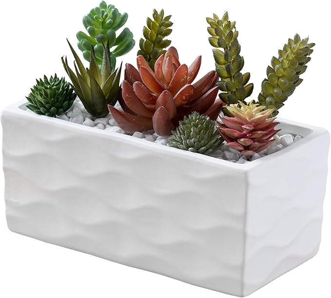 MyGift Modern Wave Pattern White Ceramic Rectangular Planter Pot - Decorative Indoor Flower Container for Home, Office, Patio, and Garden, 8-Inch