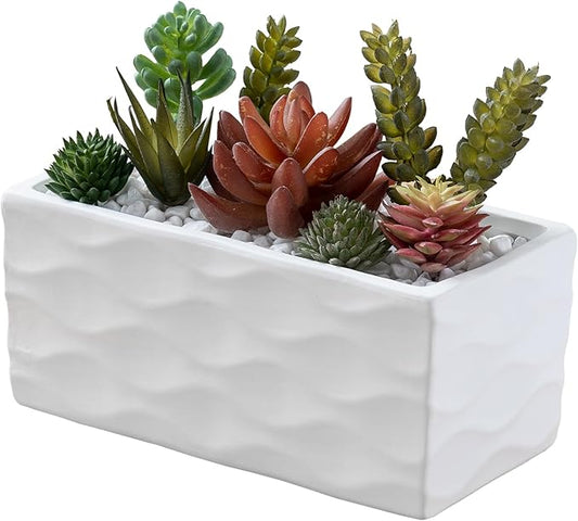 MyGift Modern Wave Pattern White Ceramic Rectangular Planter Pot - Decorative Indoor Flower Container for Home, Office, Patio, and Garden, 8-Inch