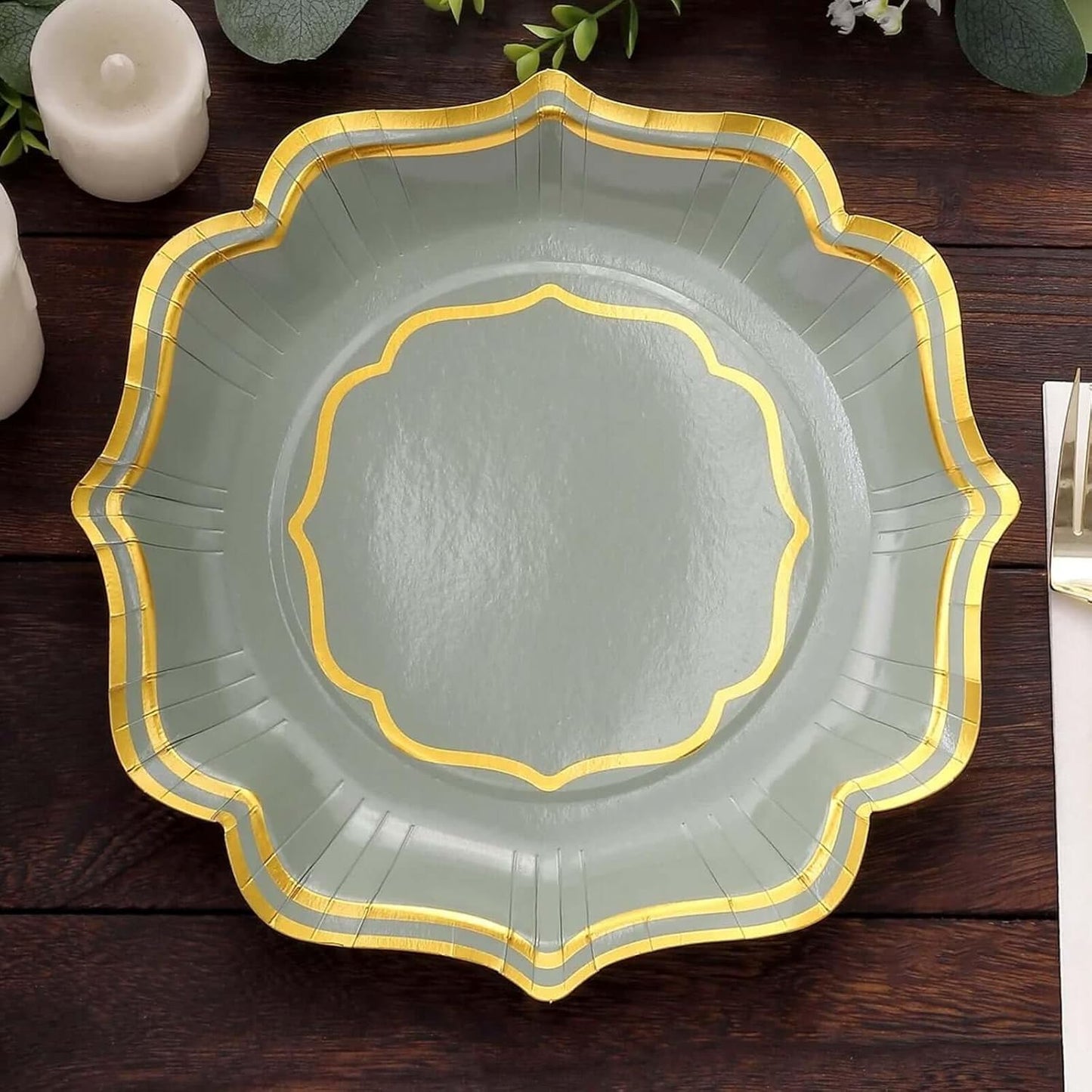Efavormart 25 Pack Sage Green Dinner Paper Plates With Scalloped Gold Rim, 10" Disposable Party Plates - 300 GSM