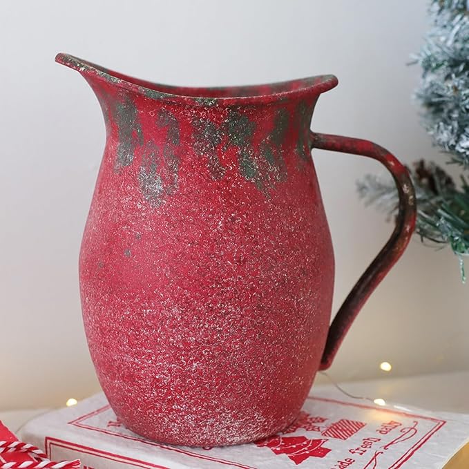 BIG FORTUNE Decorative Pitcher Vase Large Rustic Farmhouse Vase for Flowers Vintage Metal Milk Jug Vintage Decorative Pitcher Kitchen Decorations (Red)