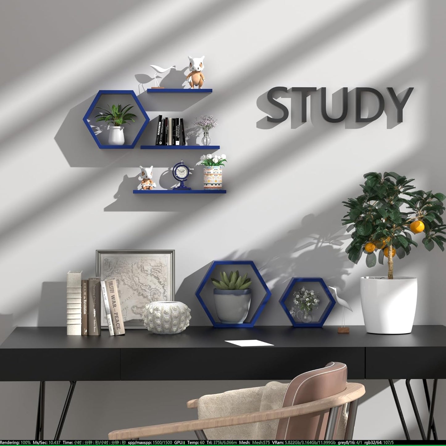 Hexagon Floating Geometric Honeycomb Shelves - Hexagon Floating Shelves Wall Mounted, Honeycomb Wall Shelves Set of 6, Geometric Floating Shelves for Wall Decor, Navy Blue Honey Comb Shelves for Home