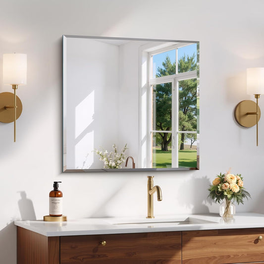 Beveled Mirror, 24x24 inch Square Bathroom Mirrors for Wall, Upgraded Shatterproof Frameless Vanity Mirror Over Sink with Beveled Edge for Bathroom,Bedroom,Living Room and Entryway