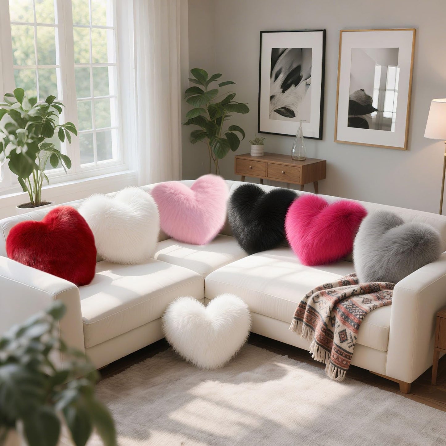 Black Heart Pillow, Faux Fox Fur Heart Decorative Pillows, Heart Shaped Throw Pillow for Bed, Soft Fluffy Decorative Cushion for Chair Sofa Living Room - Plush Pillow Home Decor