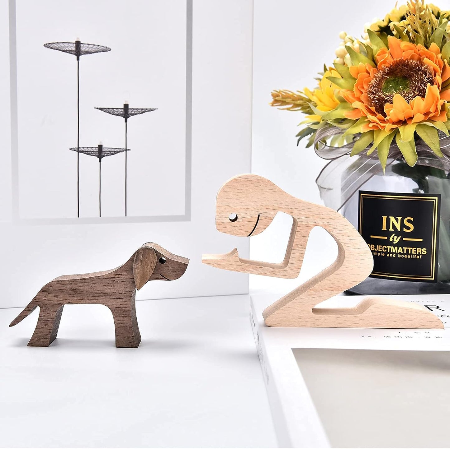 Figurines Home Decor Wooden Sculpture Men and Dog Two Piece Decor Home Gifts