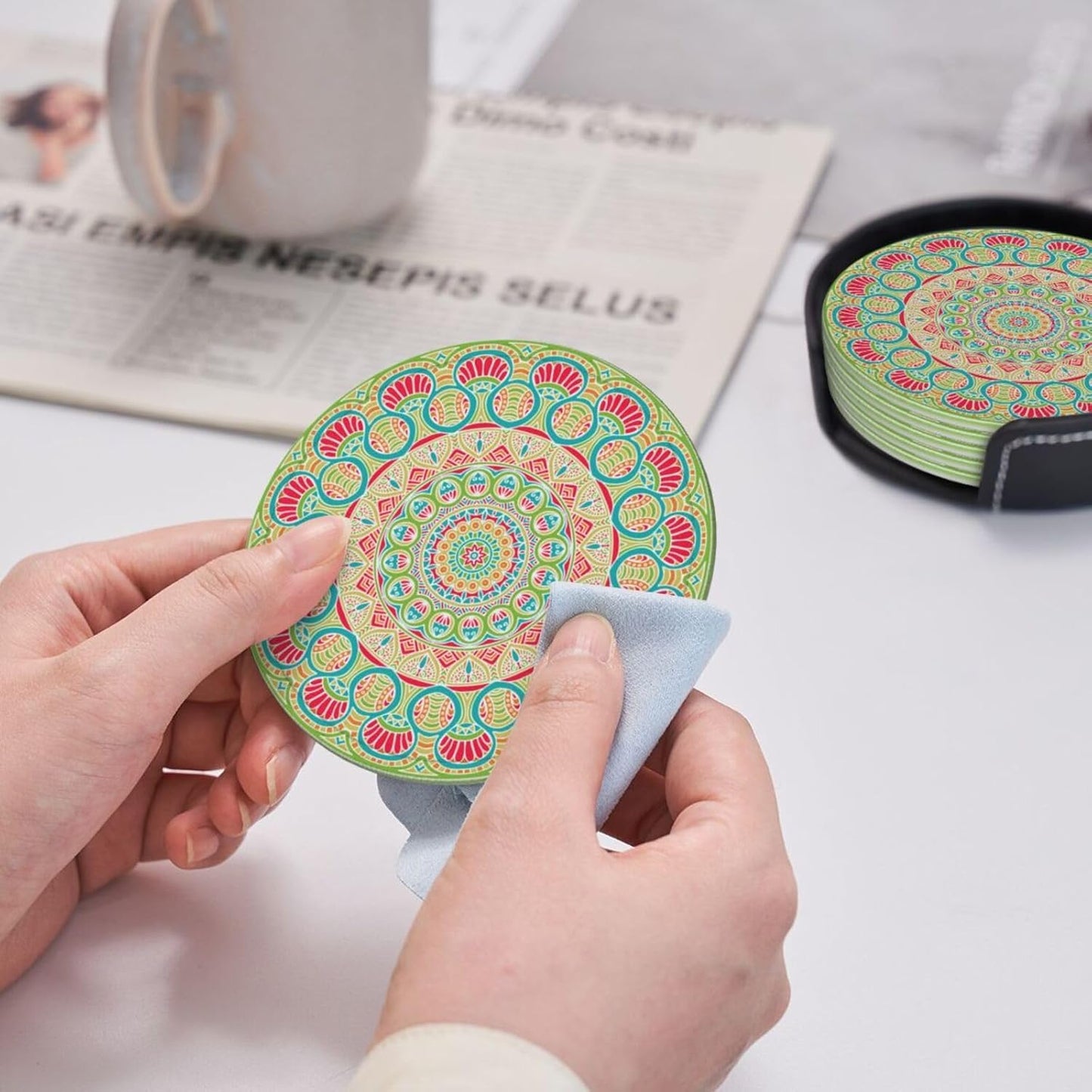 Colorful Mandala Leather Drink Coasters Set of 6 with Holder Round Cup Coaster for Table Decor