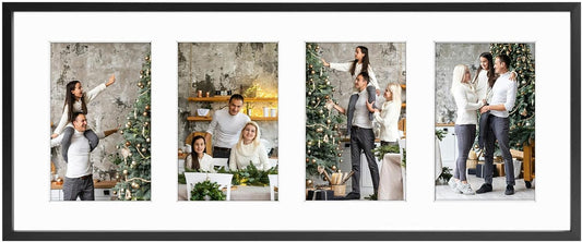 Frametory - 8x20 Aluminum Collage Picture Frame - Display 4x6 Pictures with 4 Openings Mat - Real Glass Front - Horizontal/Vertical Wall Mount - Black 1 Pack
