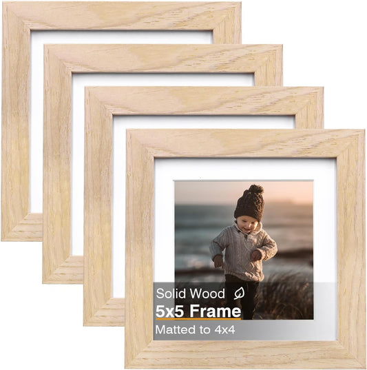 KINLINK 5x5 Picture Frame, Natural Square Solid Wood Frames for Pictures 4x4 with Mat or 5x5 without Mat, Wall and Tabletop Display Photo Frames Natural Wood 4 Pack