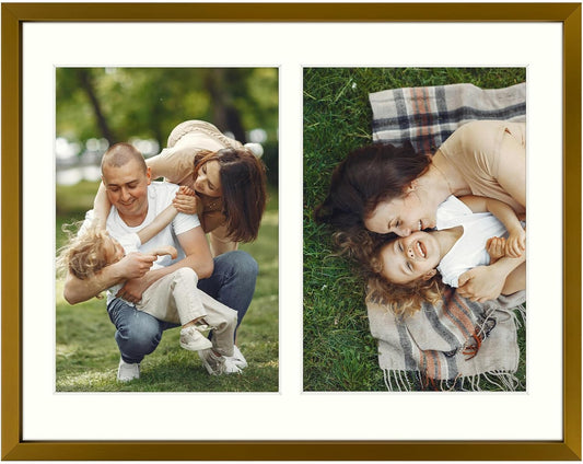 Frametory - 8.5x11 Aluminum Collage Picture Frame - Display 5x7 Pictures with 2 Openings Mat - Real Glass Front - With Easel Stand for Horizontal/Vertical Wall Mount - Bronze 1 Pack